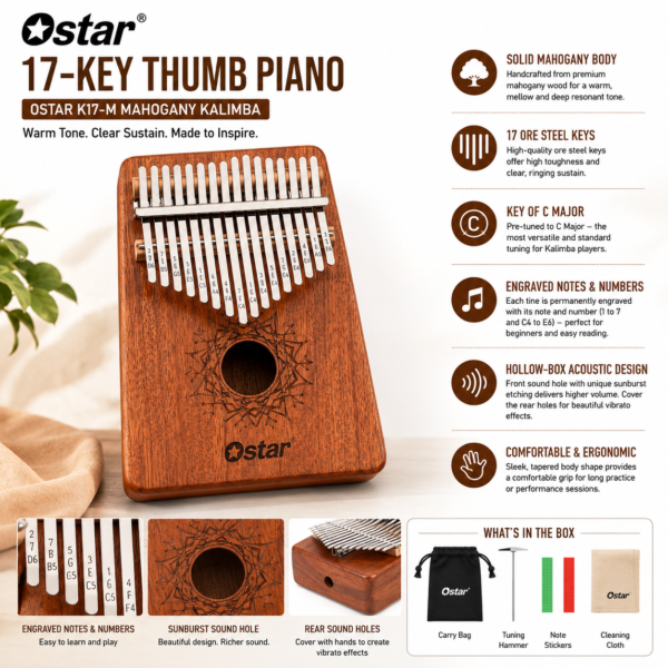 Ostar 17-Key Kalimba Thumb Piano – Solid Mahogany Wood, Ore Steel Keys, C Major Tuned, K17-M Thumb Piano for Beginners & Professionals – FSharp Music Store